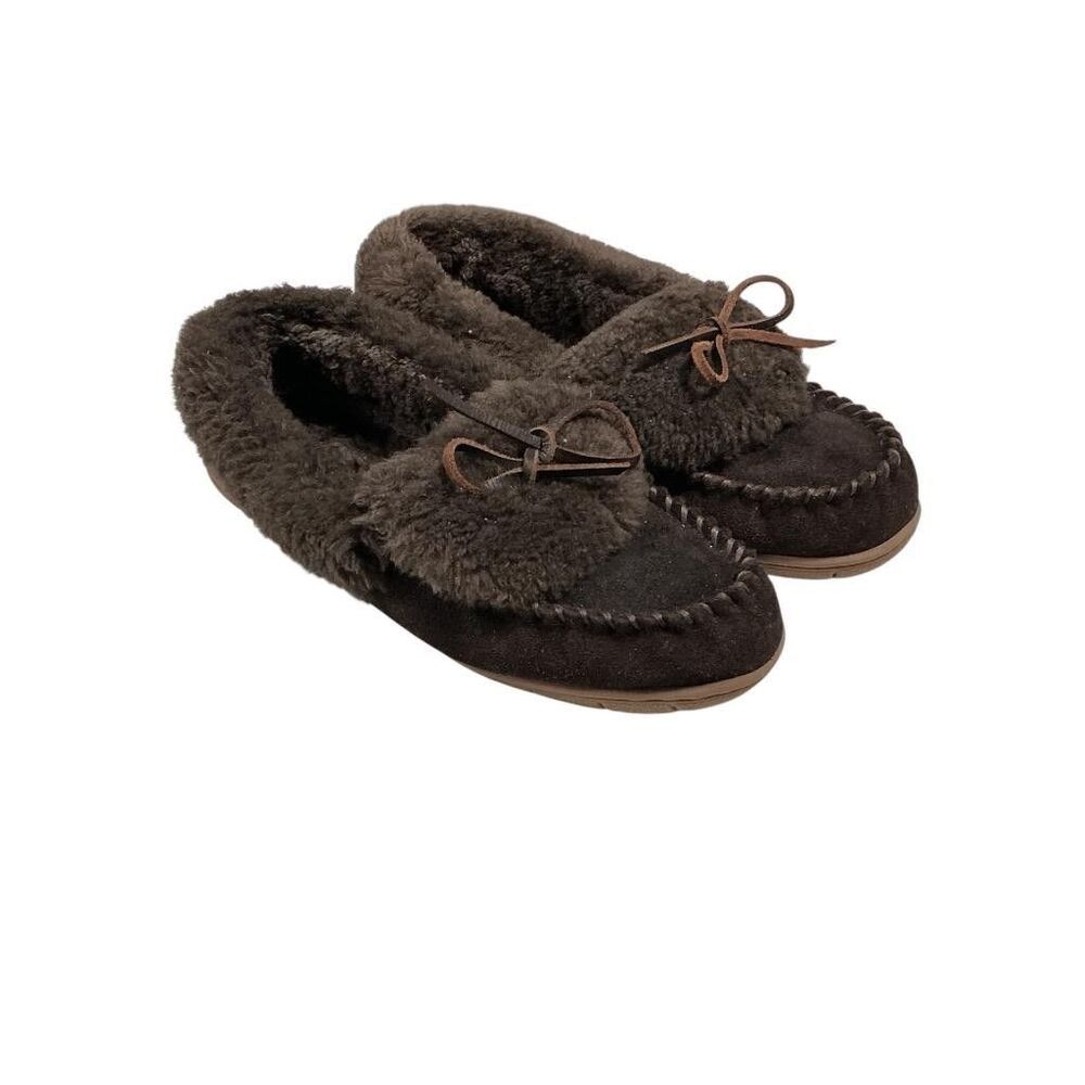 Lands End Shearling Slippers Womens 9 Brown Suede Sheepskin Slip On Moccasins